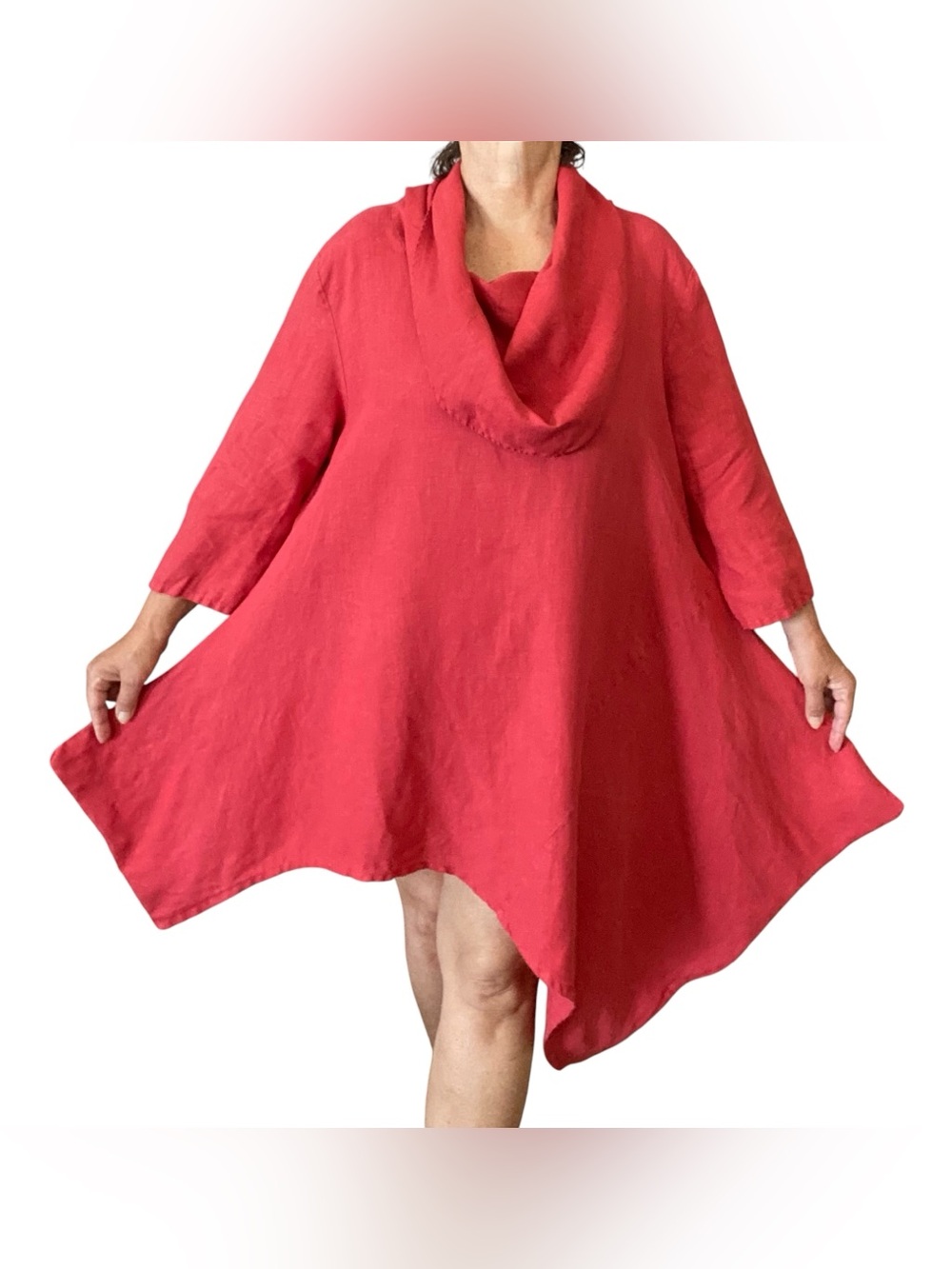 bryn Walker Red Linen Swing Tunic Dress Size L asymmetrical flattering cut
